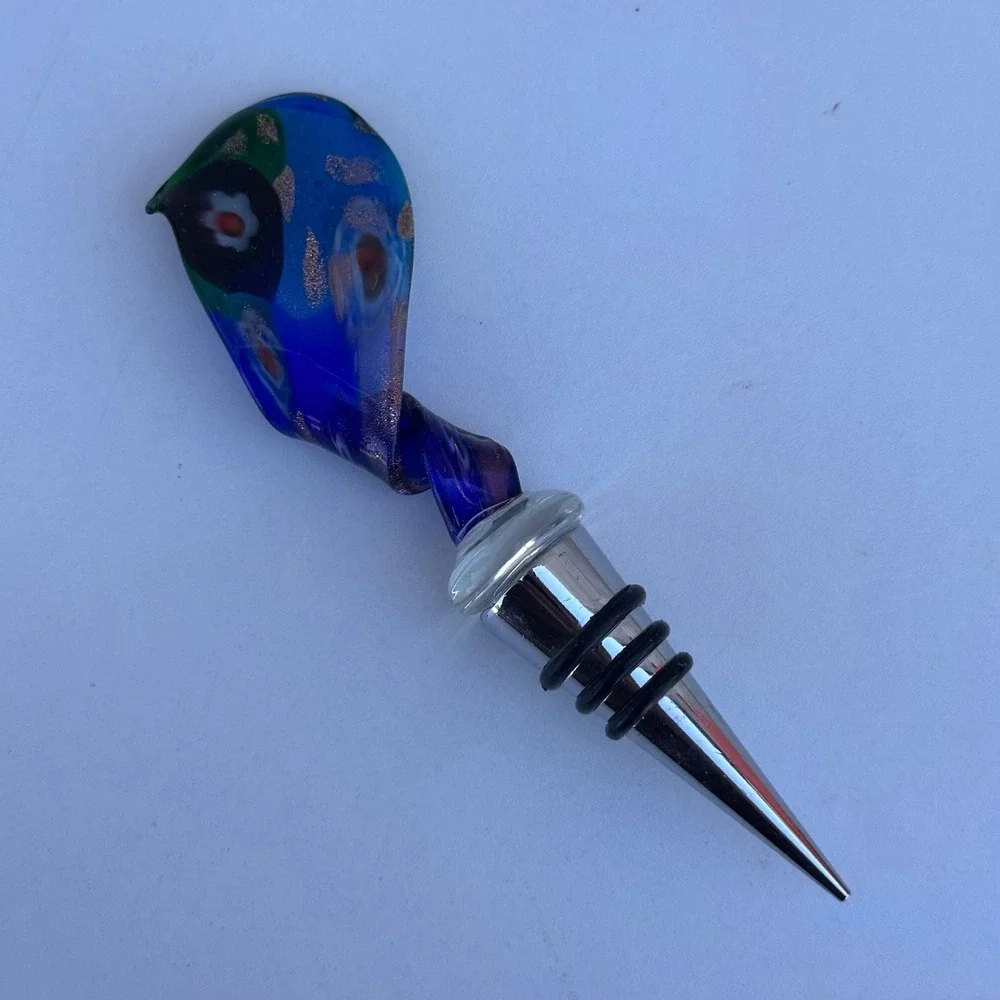 Murano Style Art Glass Bird Floral Speckle Wine Bottle Stopper Blue with Box